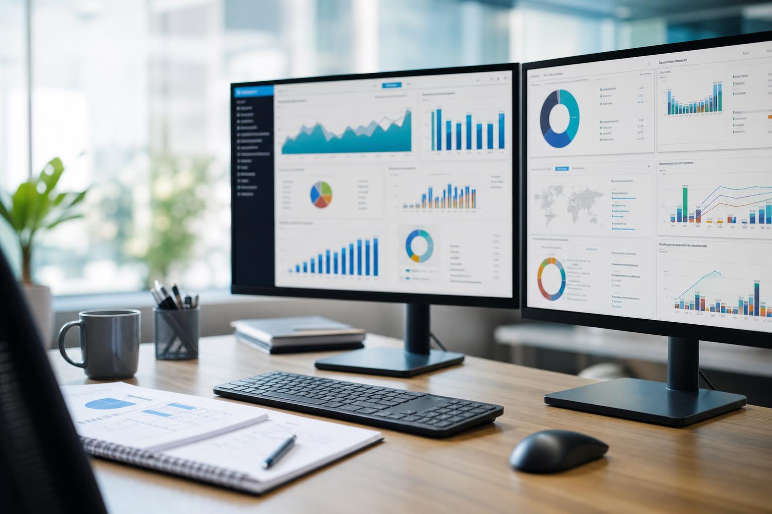 Escritorio con monitores mostrando dashboards de Business Intelligence